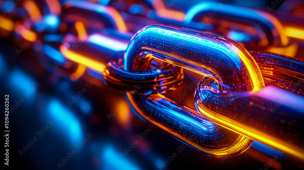 Poster brightly illuminated chain links showcase complex designs in vivid colors, symbolizing strength and 