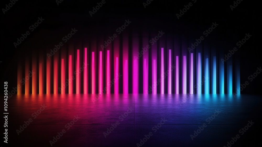 Poster a vibrant soundwave display with colorful vertical bars glowing against a dark background, represent