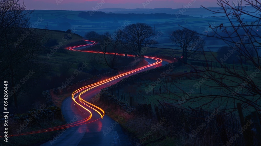 Poster the winding lanes of the countryside are illuminated by an array of colorful light trails as cars na