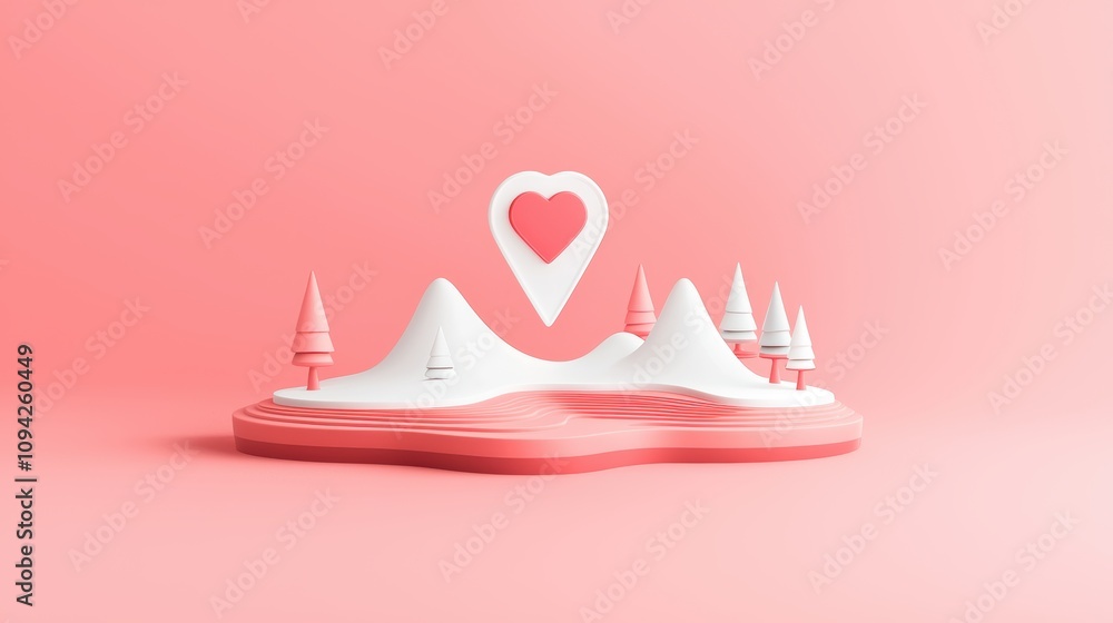 Poster a minimalist graphic design featuring a digital pin icon with a heart symbol, representing a saved l