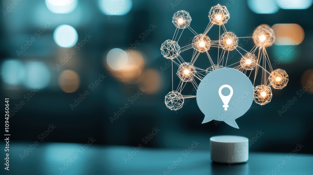 Poster a graphic design featuring a speech bubble with a digital pin icon emerging from it, symbolizing sha