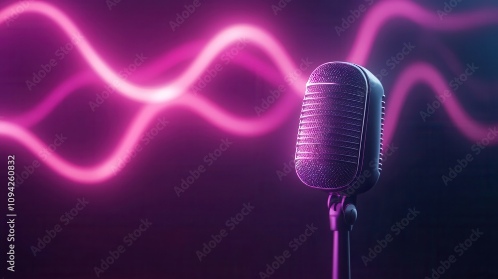 Poster a vintage microphone is illuminated against vibrant pink sound waves, creating a dynamic and stylish