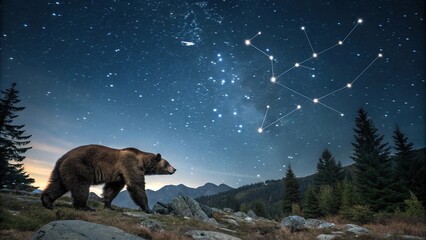 A majestic bear constellation in the night sky, ursa major, celestial body, night, dark blue, constellation