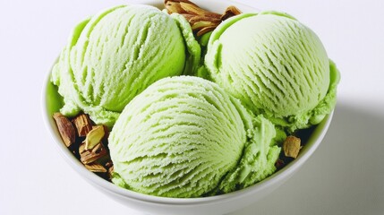 Three Scoops Of Pistachio Ice Cream With Almonds