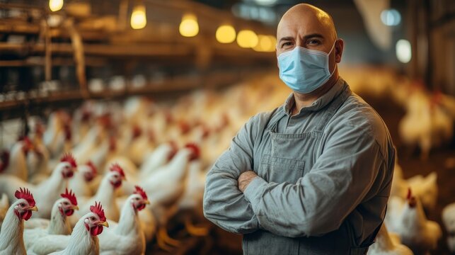 Bird Flu Virus Outbreak on Chicken Farm Infectious Disease in Poultry Spreading to Mammals and Humans Sick Animals Farmer with Surgical Mask