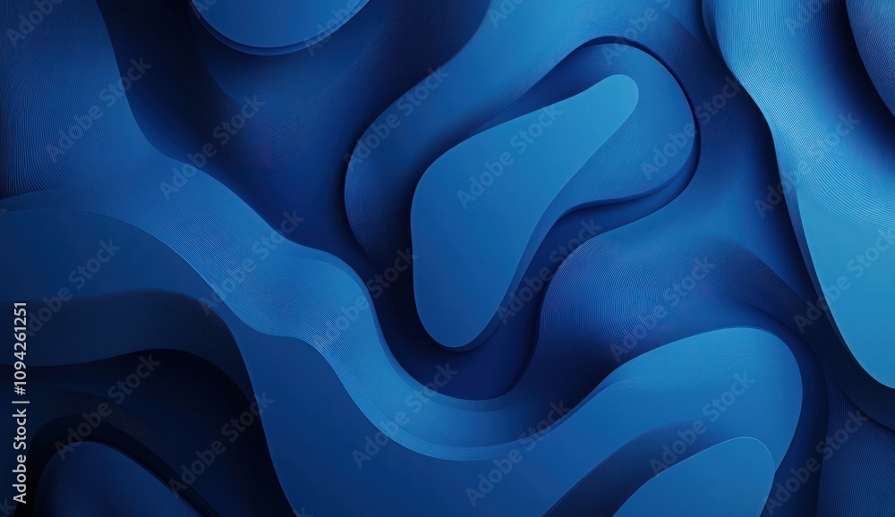 Poster abstract blue wavy background with 3d layered shapes and curves.
