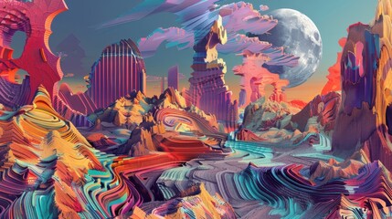 A fantastical landscape made up of trippy tridimensional shapes merging and interweaving in a neverending cycle.