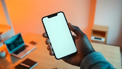 Man's Hand Holding Cell Phone With Blank Screen with Background Rooms