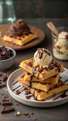 Indulgent waffles topped with ice cream and chocolate drizzle for a sweet dessert treat