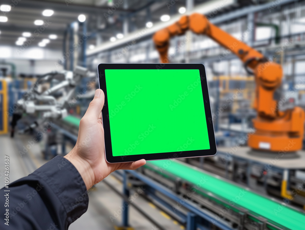 Poster person holds tablet with green screen in modern factory, showcasing advanced robotic machinery and a