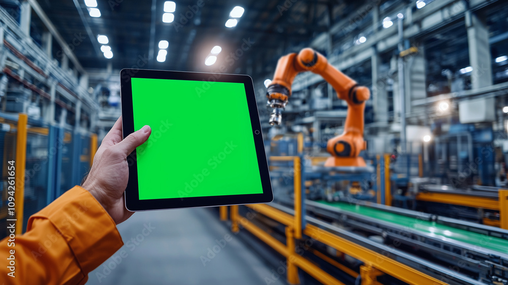 Poster person in industrial setting holds tablet with green screen, while robotic arm operates in background, showcasing technology integration in manufacturing