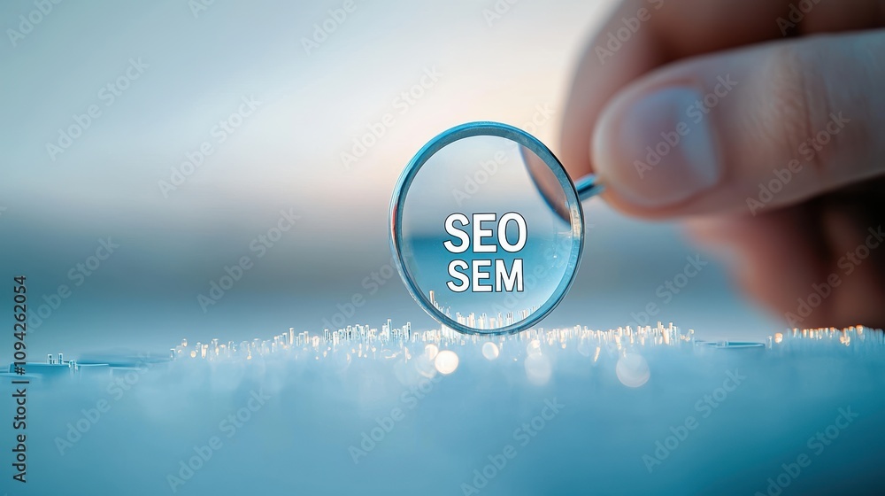 Poster a hand holding a magnifying glass over a keyboard with the words 