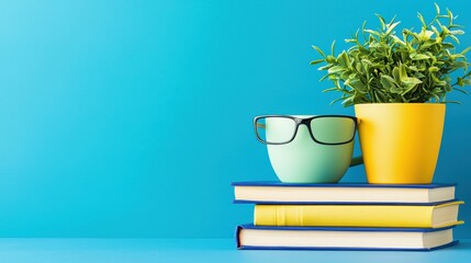Relaxing Moment with a Book, Coffee, and Indoor Plant Against a Bright Blue Background for a Calm and Inspiring Atmosphere