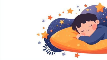 Serene Illustration of a Sleeping Person Surrounded by Stars on a Cozy Pillow, Evoking Peaceful Dreams and Tranquil Night Scenes for Relaxation and Sleep Themes