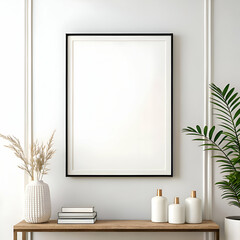 "A blank poster frame mounted on a plain white wall, surrounded by minimalistic decor for interior design visuals.