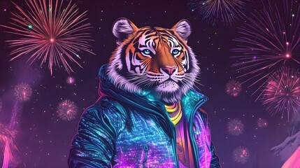 Tiger in Neon Jacket, Fireworks Night