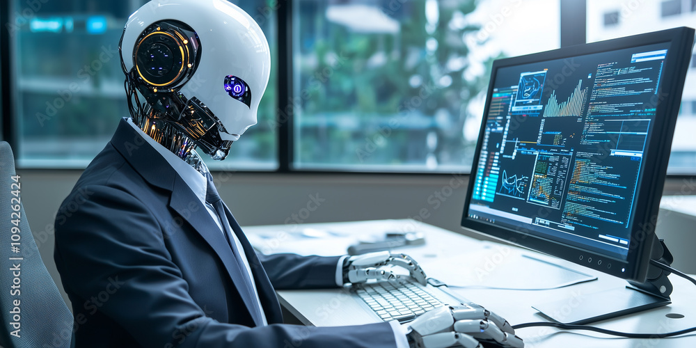 Poster humanoid robot in business suit is analyzing data on computer screen in modern office setting, showcasing advanced technology and artificial intelligence capabilities