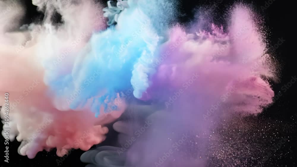 Poster camera glides forward as multicolored powder explodes in slow motion with soft, diffused lighting, c