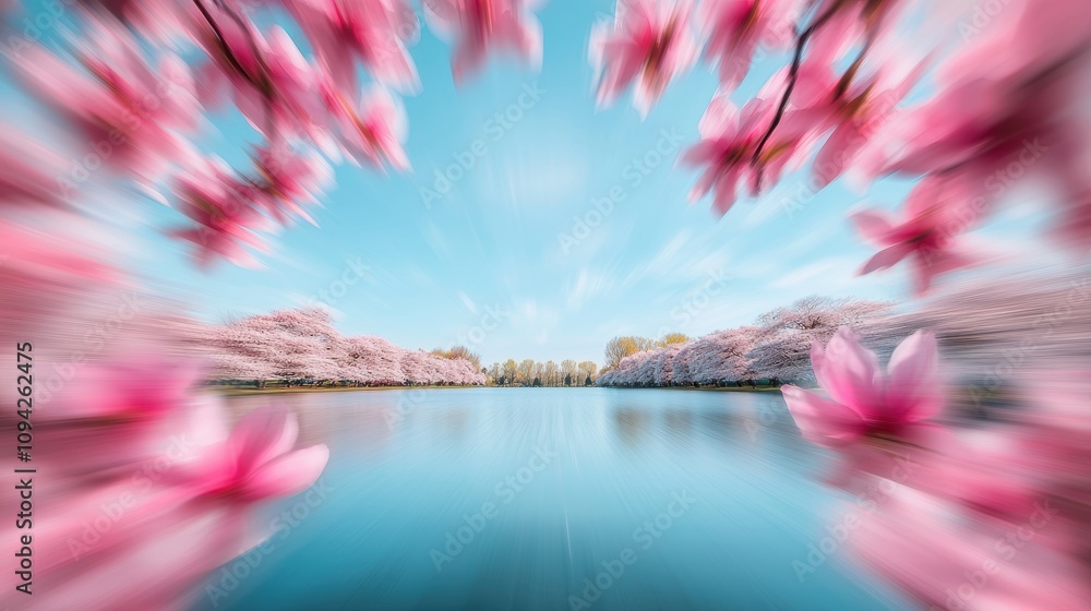 Poster a blurred image of nature, where the colors and shapes of trees, flowers, and water blend into abstr