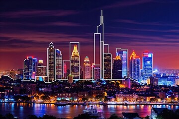 Obraz premium A Vibrant Urban Skyline Outline: Nighttime Cityscape with Lively Architecture