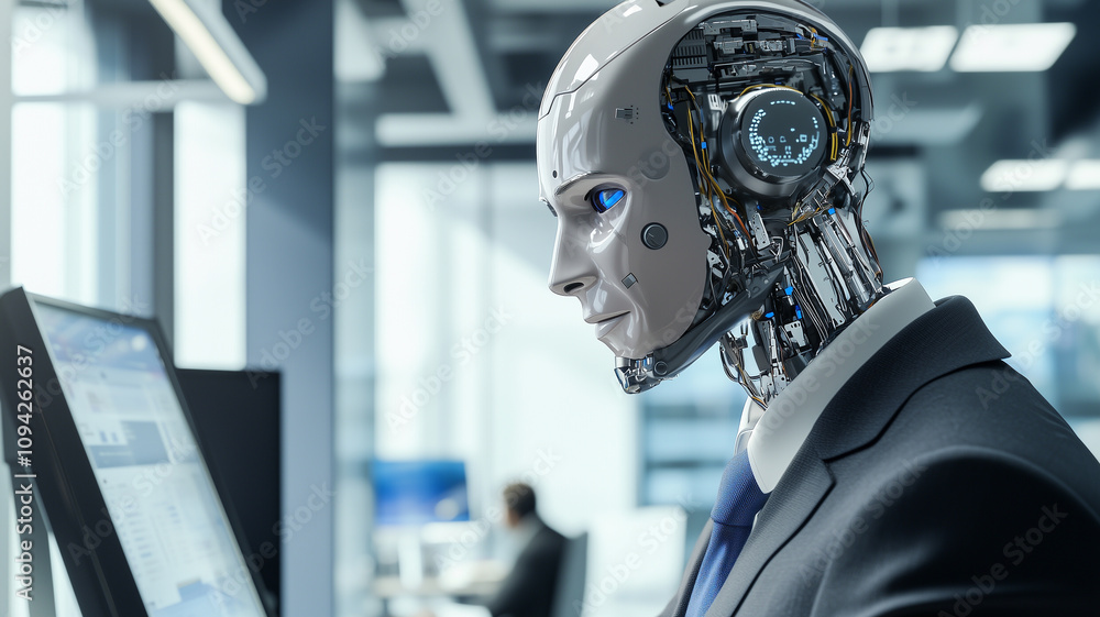 Aufkleber humanoid robot with masculine look wearing suit is working at computer in modern office setting, showcasing advanced technology and artificial intelligence