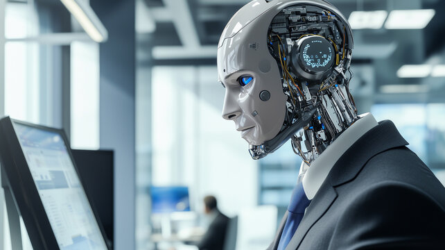 humanoid robot with masculine look wearing suit is working at computer in modern office setting, showcasing advanced technology and artificial intelligence