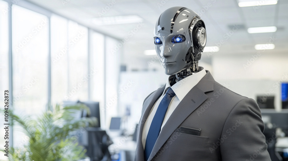 Aufkleber humanoid robot in formal suit stands confidently in modern office, showcasing advanced technology an