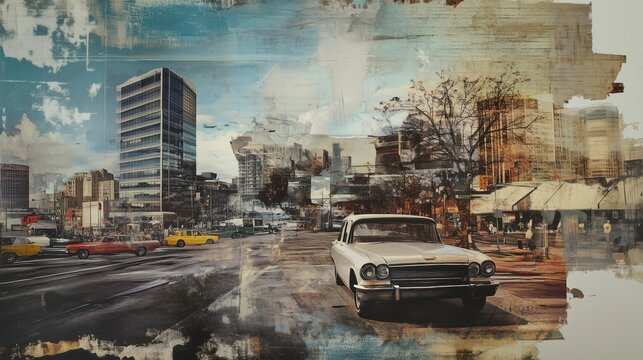 Naklejki Retro urban cityscape with classic car in mixed media collage