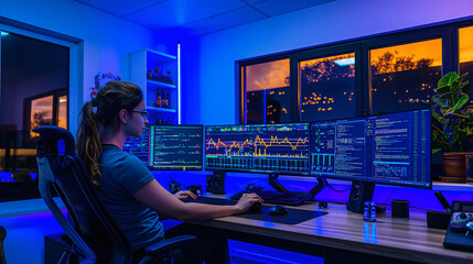 A female blockchain developer works intently on multiple screens displaying Solidity code and cryptocurrency metrics