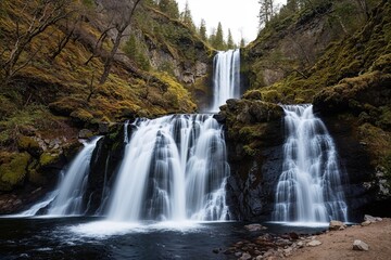 Obraz premium Cascading Waterfall Scene in a Natural Landscape