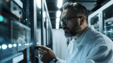 A focused IT professional examines server racks in a pristine data center environment, ensuring security and efficiency under cool industrial lighting