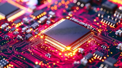 Obraz premium Digital Blueprint Microchip, Glowing Microchip Blueprint with Radiating Innovation and Futuristic Digital Technology