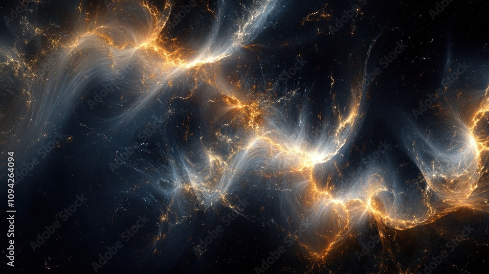 Poster abstract cosmic artwork featuring swirling patterns of light and color against a dark background.
