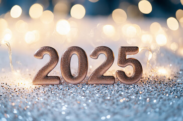 Elegant Festive Photograph Featuring Happy New Year "2025" in Copper with Glitter and Bokeh Lights