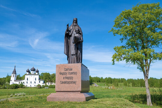 KHOPYLEVO, RUSSIA - MAY 24, 2024: Monument to Saints Feodor Ushakov and Feodor Sanaksarsky on a sunny May day. Yaroslavl Region