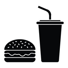 Fast food vector icon. Burger, cheeseburger, hamburger, and soda drink cup with straw. Black silhouette. Symbol of street food.
