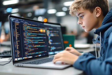 Teenager Students Programming Robots and Cars Using Laptops at Home for Technology and STEM Education Projects