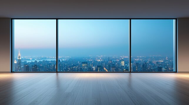 Fototapeta A panoramic window showcasing a breathtaking view of a city skyline at night, with twinkling lights stretching towards the horizon.