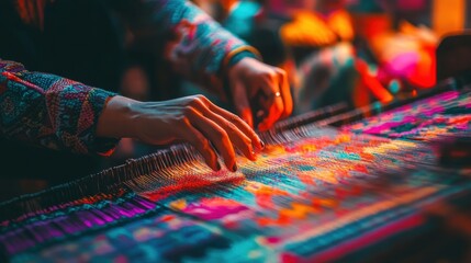 Craftsperson creates intricate patterns on a traditional loom using bright, colorful yarns