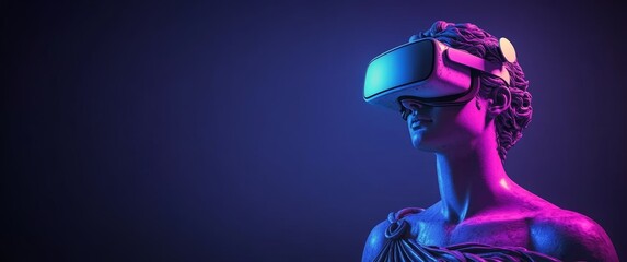 Bust of Apollo with VR Headset Modern Art Concept Using Neon Lighting and Abstract Background
