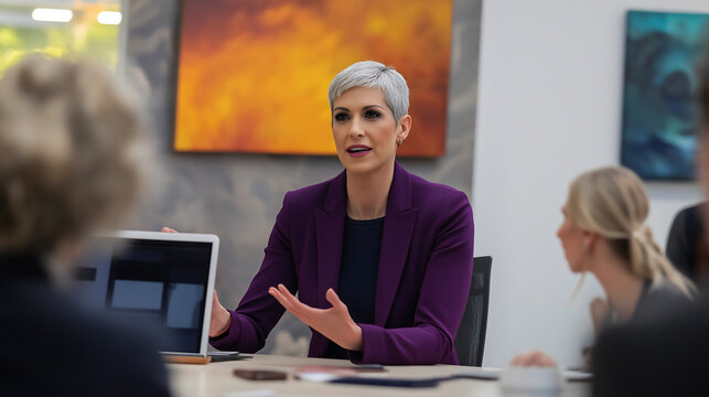 A female director with short silver hair presents during a hybrid sales meeting in a contemporary office, engaging both in-person and virtual team members with professionalism