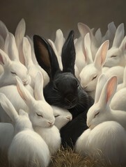 Obraz premium A serene scene of a black rabbit surrounded by soft white rabbits, creating a warm and peaceful atmosphere.
