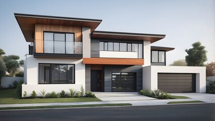 Front elevation of a contemporary house, from a minimalist design with clean lines to a bold and colourful facade with geometric shapes, with a big lawn in front of the house