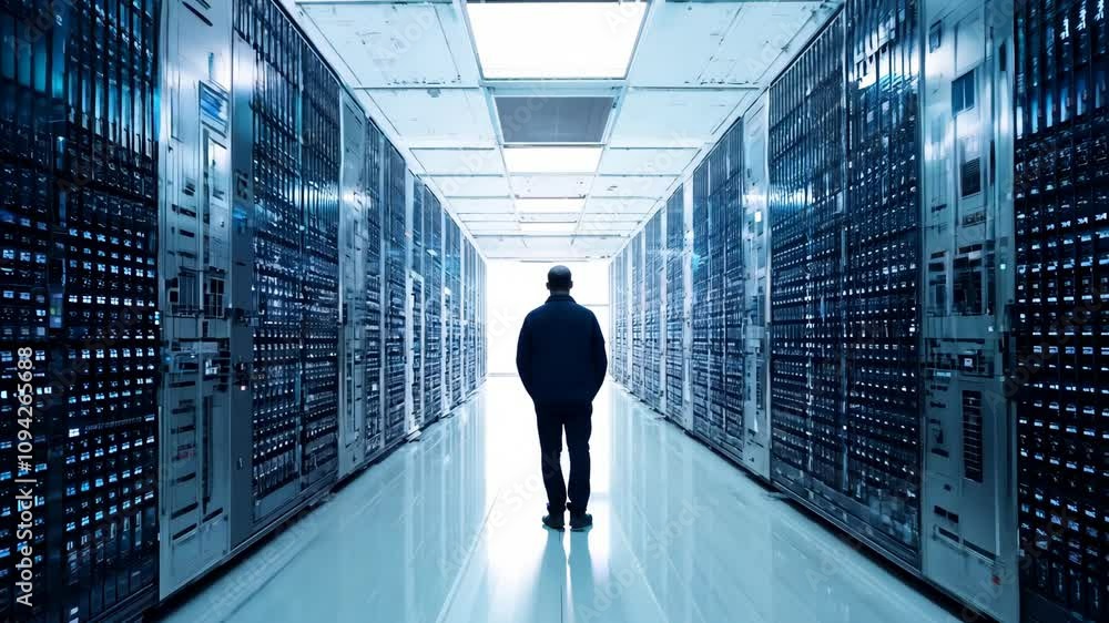 Poster exploring a high-tech data center filled with servers and advanced technology at night