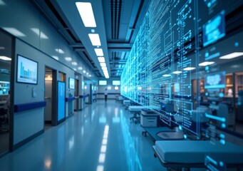 High-tech hospital corridor with digital displays and advanced medical technology