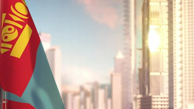 Mongolia flag at sunrise with modern city buildings