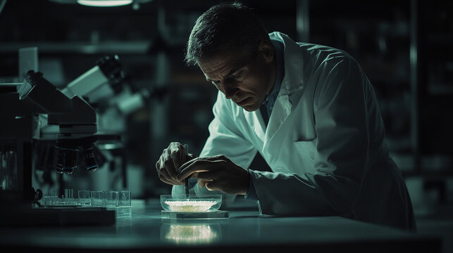 Scientist in a lab coat examining a petri dish with cells, symbolizing longevity research, in a laboratory setting with blurred scientific equipment in the background.