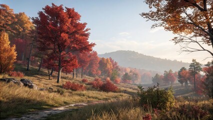 Obraz premium Forest landscape with a mix of red and orange leaves, leafy branches, colorful leaves