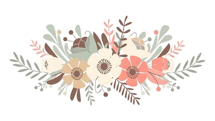 Decorative Floral Arrangement with Pastel-Colored Flowers in Cream, Peach, Light Green, and Coral, Surrounded by Delicate Leafy Branches and Earthy Accents