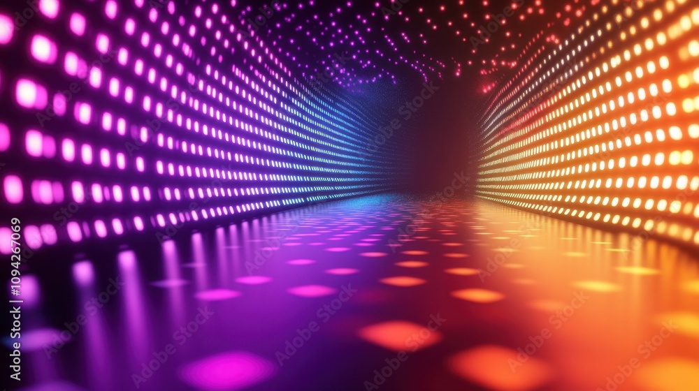 Poster a vibrant tunnel of colorful lights creating a dynamic atmosphere.